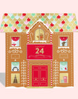 A candy advent calendar with multi colored roof and red door.