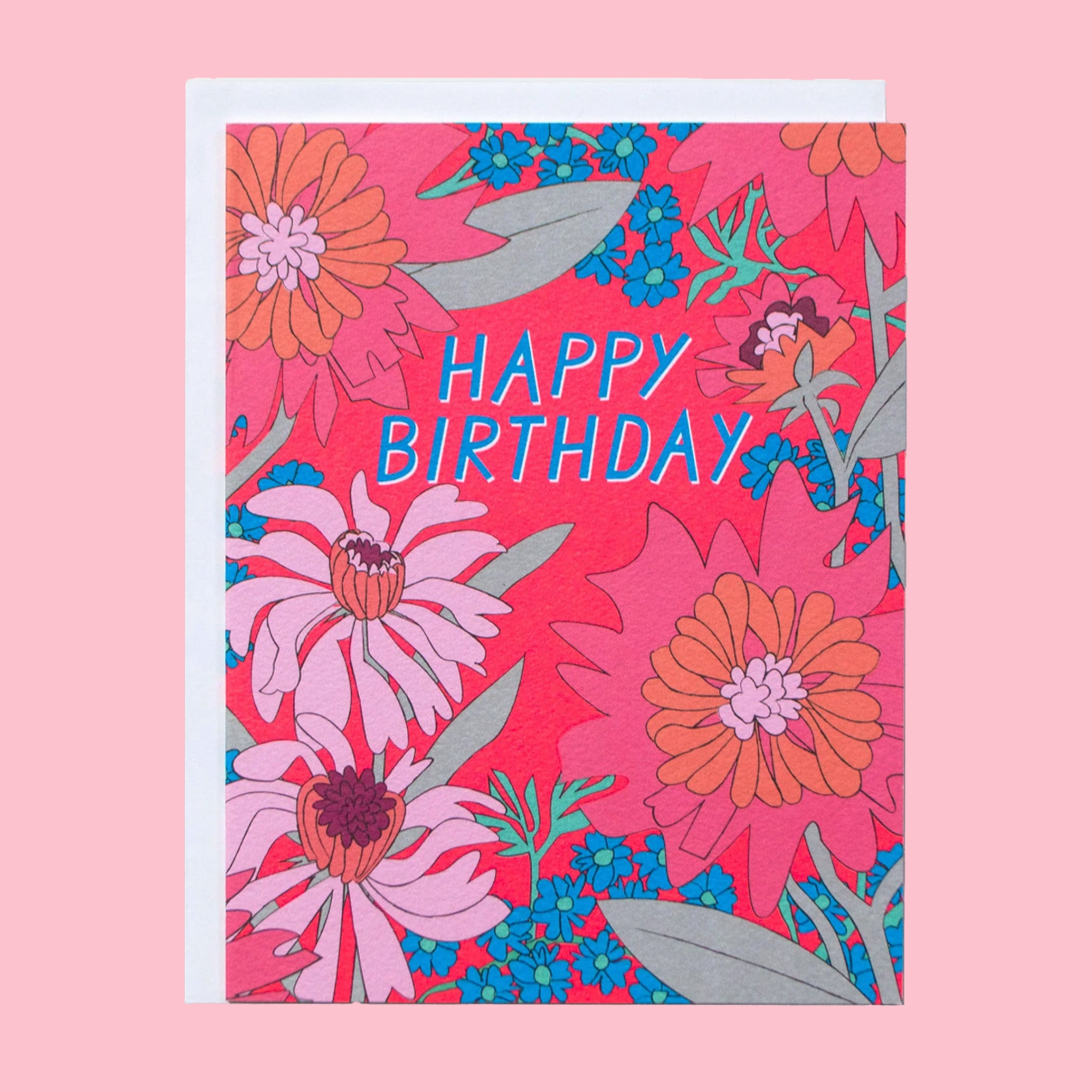A hot pink floral birthday card with text in the center that reads, "Happy Birthday". 