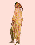 A pink, green and orange 60s-70s print patterned kimono robe.