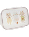 On a white background is a clear plastic bento box with three kitty graphics on the lid filled here with a lunch.