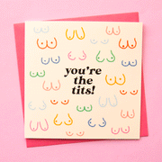 The text reads, "You're the tits!" on a white card with different colored breast illustrations that vary in all different sizes and shapes. The colors include light blue, dark blue, green, mustard, red and pink! A pink envelope is also shown and included with purchase.