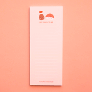 A light pink note pad with white lines for writing and a soy sauce and red tuna sashimi graphic at the top both with smiling faces and red text underneath that reads, "Soy Much To Do".