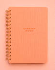 On a light pink background is a coral spiral bound notebook with a coral cover and text in the center that reads, "Current Mood".