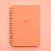On a light pink background is a coral spiral bound notebook with a coral cover and text in the center that reads, "Current Mood".