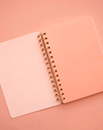 On a light pink background is a coral spiral bound notebook with a coral cover and text in the center that reads, "Current Mood" and a pink and white striped pattern on the interior cover.