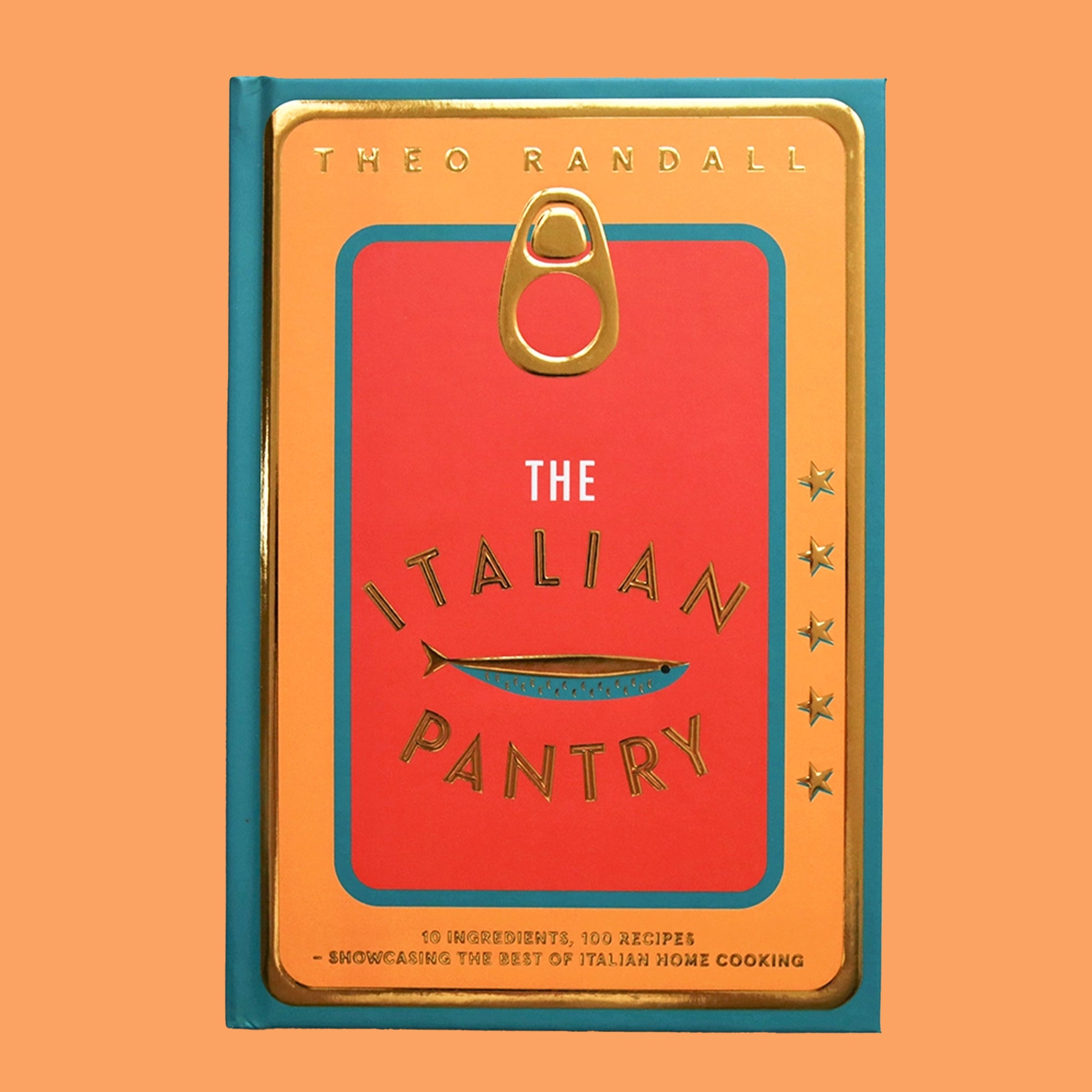 A vibrant book cover made to look like the top of a tin fish container with a teal blue border, an orange layer and then a red center along with the title, &quot;The Italian Pantry&quot;.