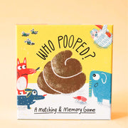 On a yellow background is a children's game with a colorful box featuring artwork of a pile of poop and various animal illustrations