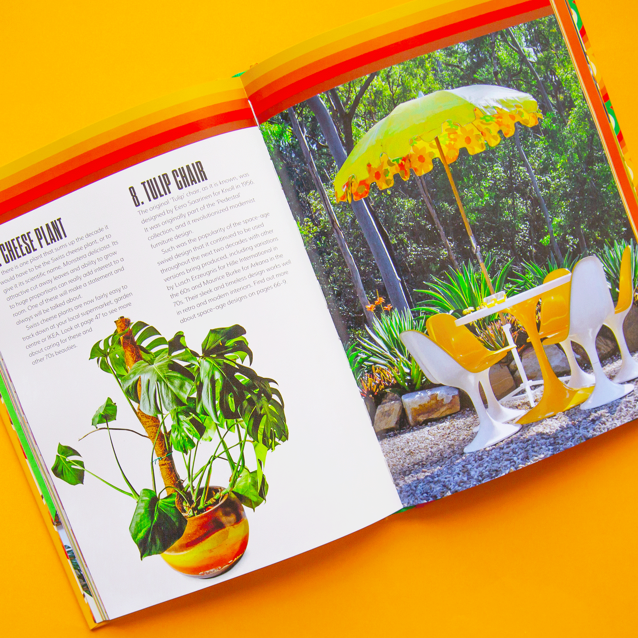 On a yellow background is a look at the inside of the book that features vibrant colors, text and photos of retro spaces.