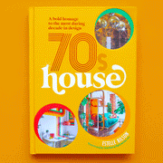On a yellow background is a yellow book with circle photos of disco balls, and retro home decor as well as the title that reads, "A bold homage to the daring in design 70s house".