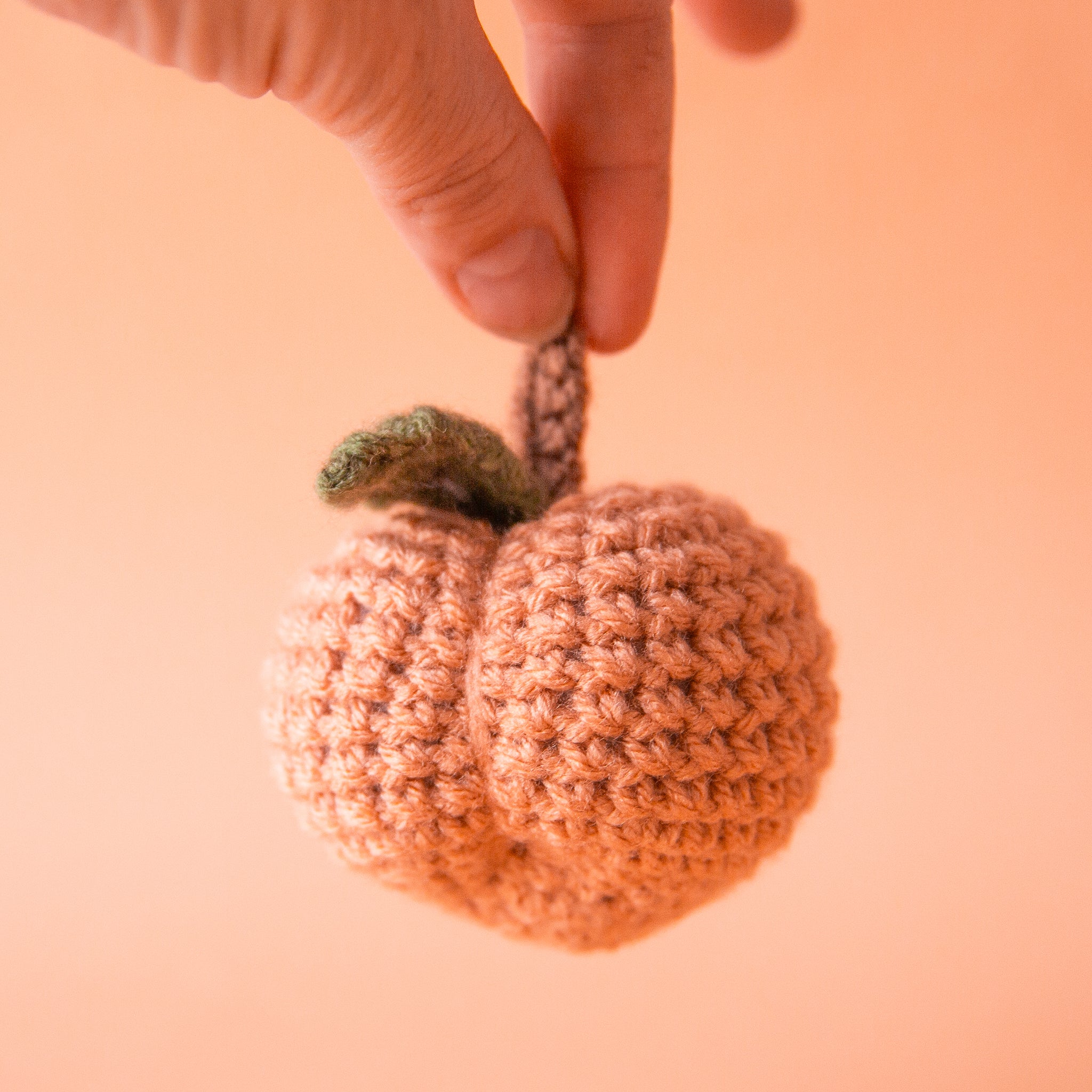 On a peachy background is a knitted peach shaped toy. 