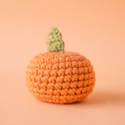 On a peachy background is a knitted orange shaped toy.