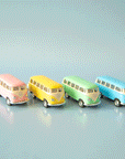 On a blue background is four VW bus shaped keychains in pink, yellow, green and blue. Each color sold separately.