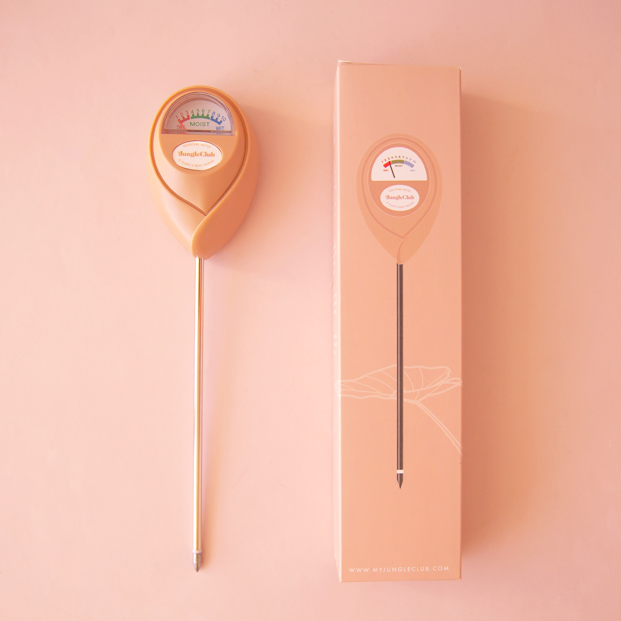 A pink moisture meter with a rounded head and a white meter that ranges from dry, moist, or wet along with a small oval label in the front that reads, &quot;Jungle Club&quot;.