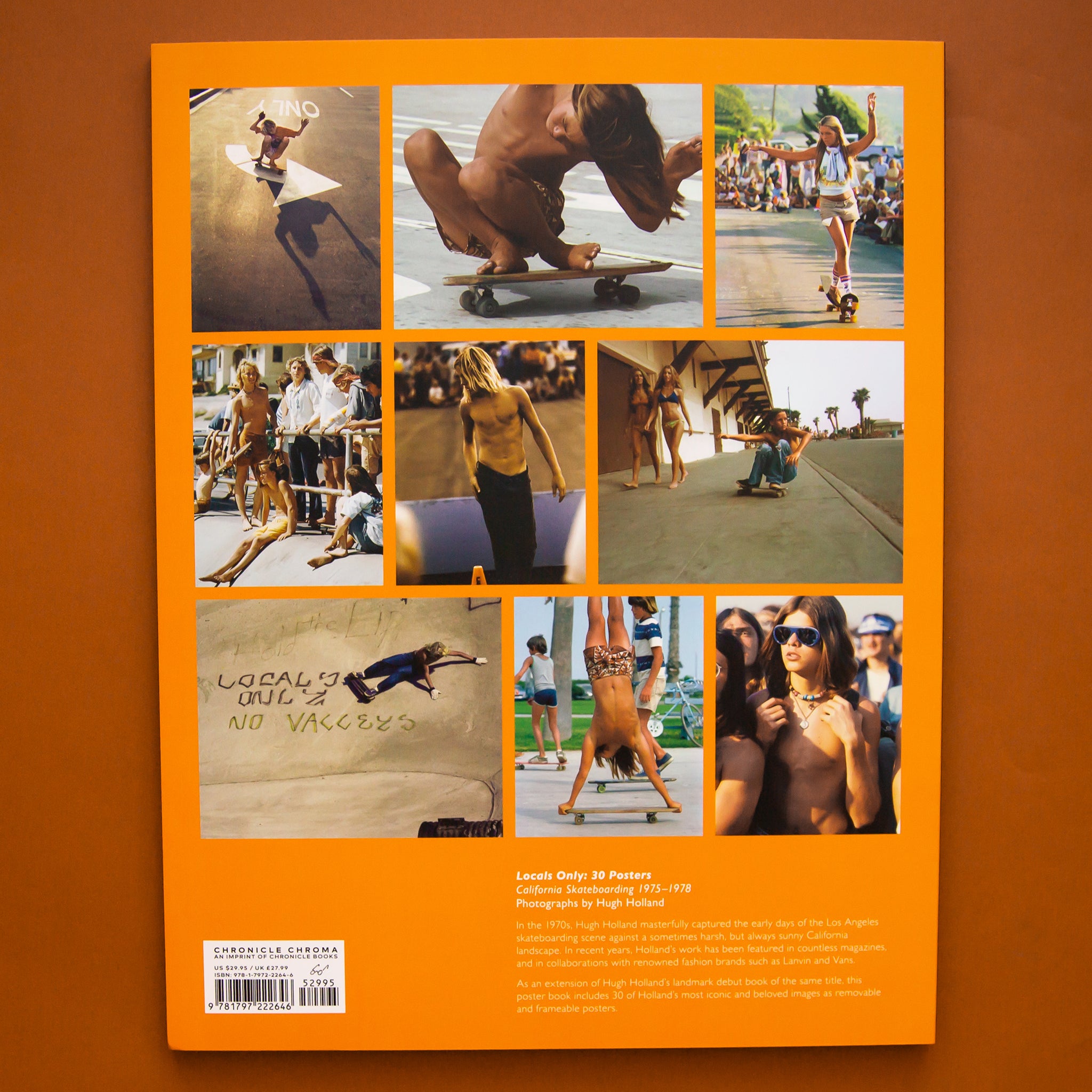 A photo of the back of the book that features an orange base and a variety of photos from the 70&#39;s in California. 