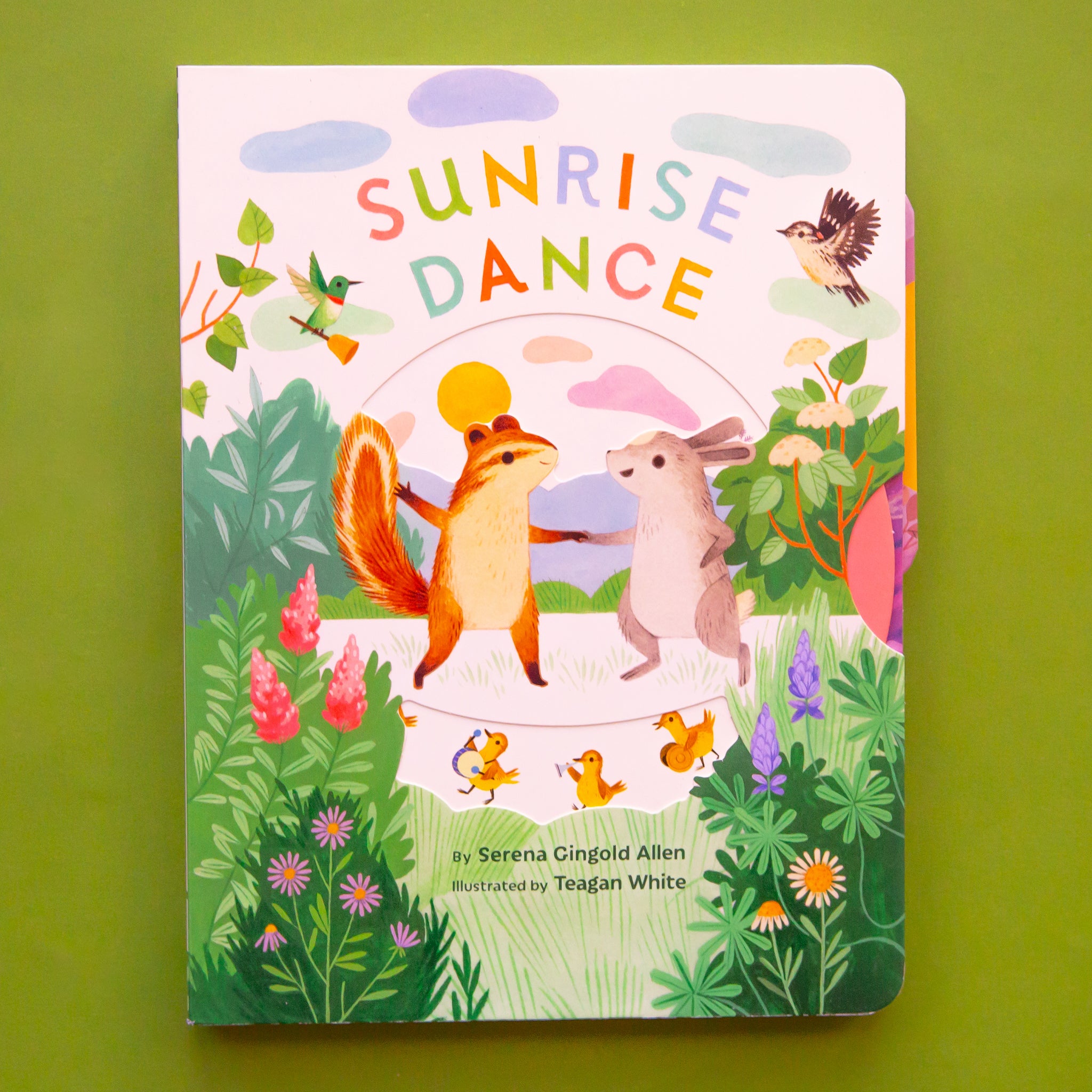 Hardcover children&#39;s book titled &#39;Sunrise Dance&#39; in colorful lettering. Below the title is a spring themed scene of animals dancing in a grass field. Animals include a squirrel and bunny holding hands, instrument playing ducklings and more.