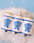 On a blue background is a glass ornament in the shape of a six pack of beers with blue labels.