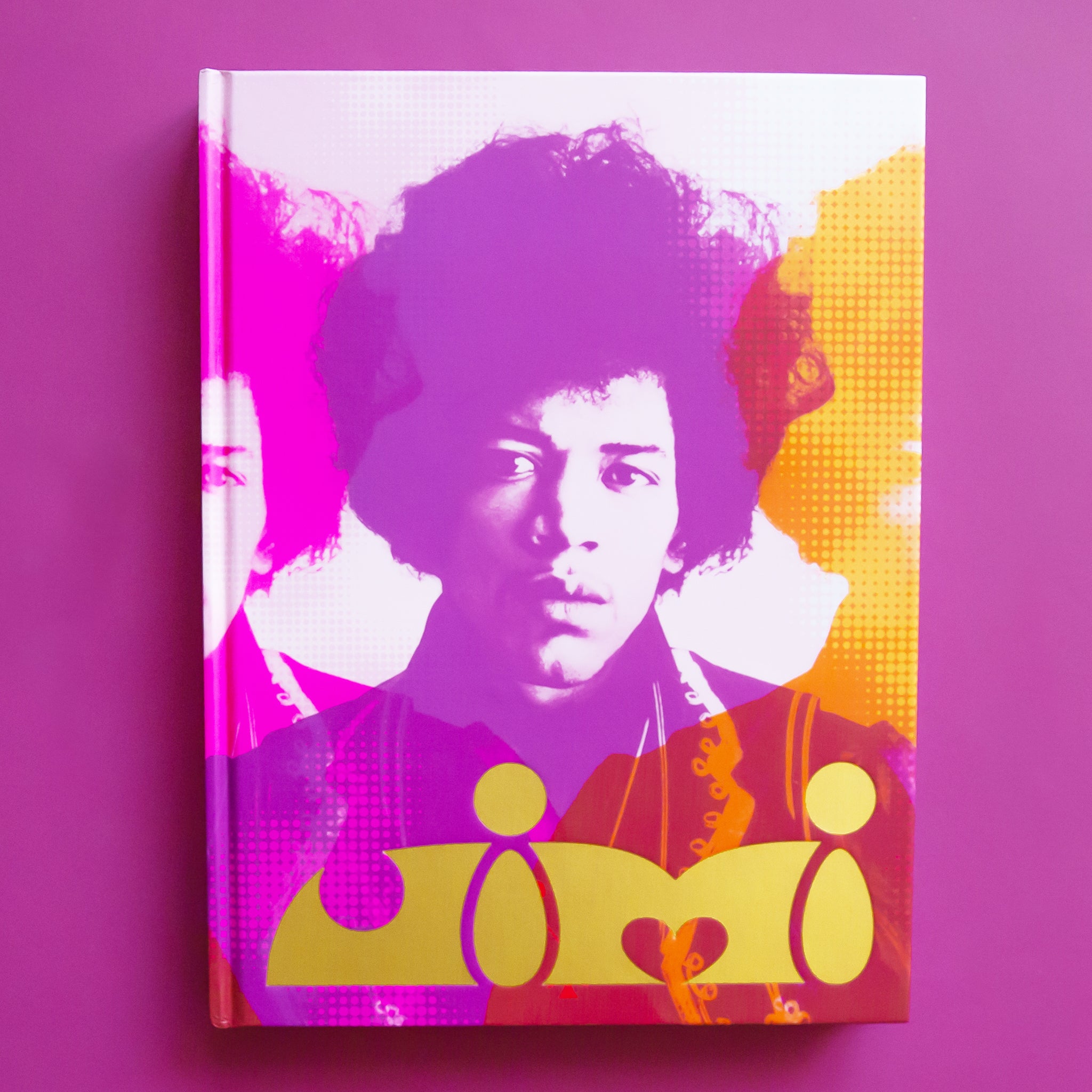On a purple background is a purple, pink and orange book cover with a Jimi Hendrix photo and text on the bottom that reads, &quot;jimi&quot;.