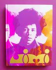 On a purple background is a purple, pink and orange book cover with a Jimi Hendrix photo and text on the bottom that reads, "jimi".
