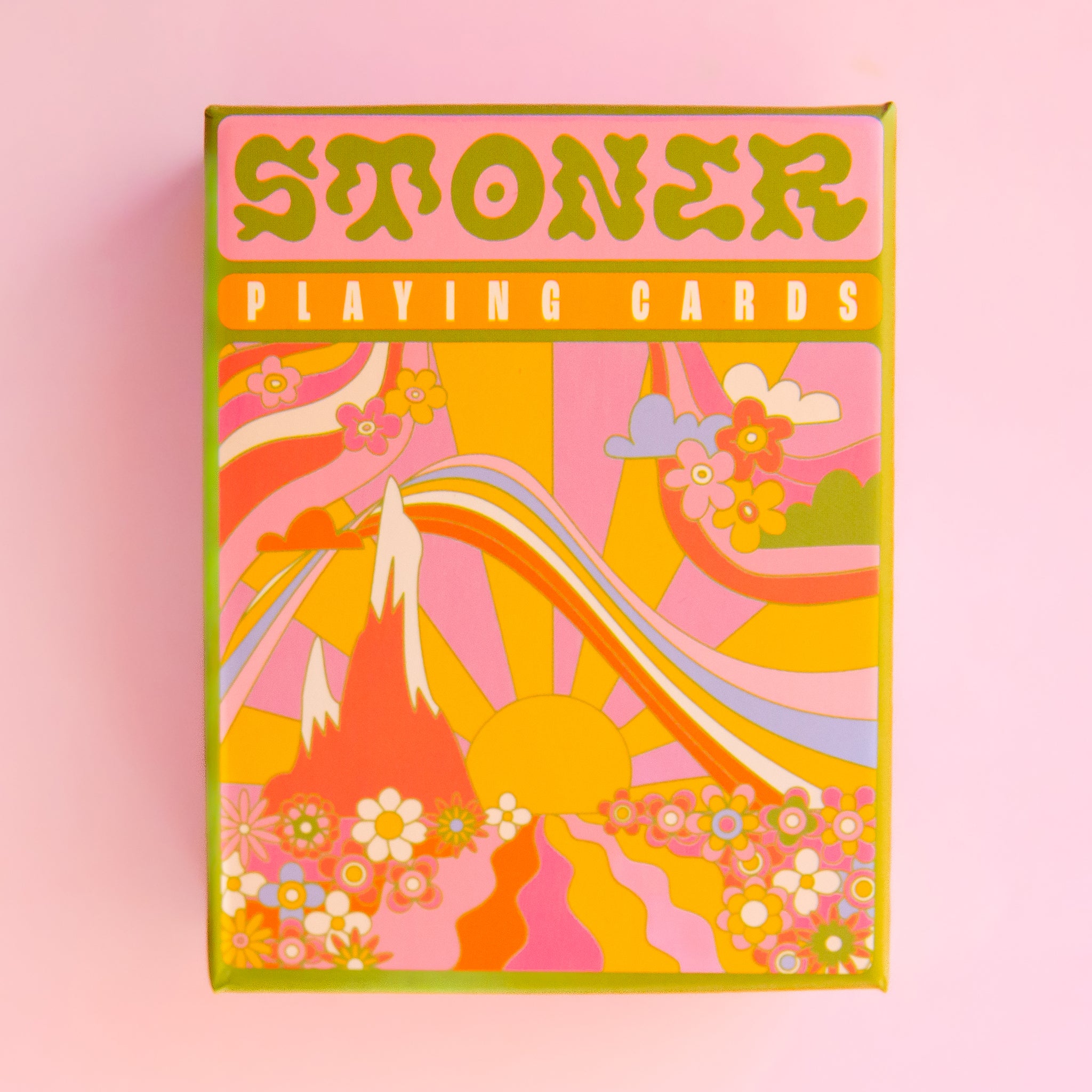 A set of colorful playing cards with florals, wavy designs and various sunshine and mountain landscape illustrations.