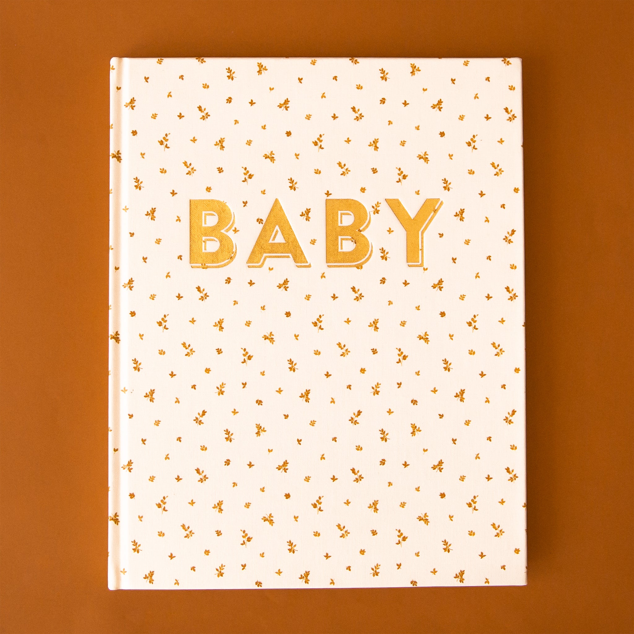 A neutral book cover with gold foil text on the front that reads, "BABY". 