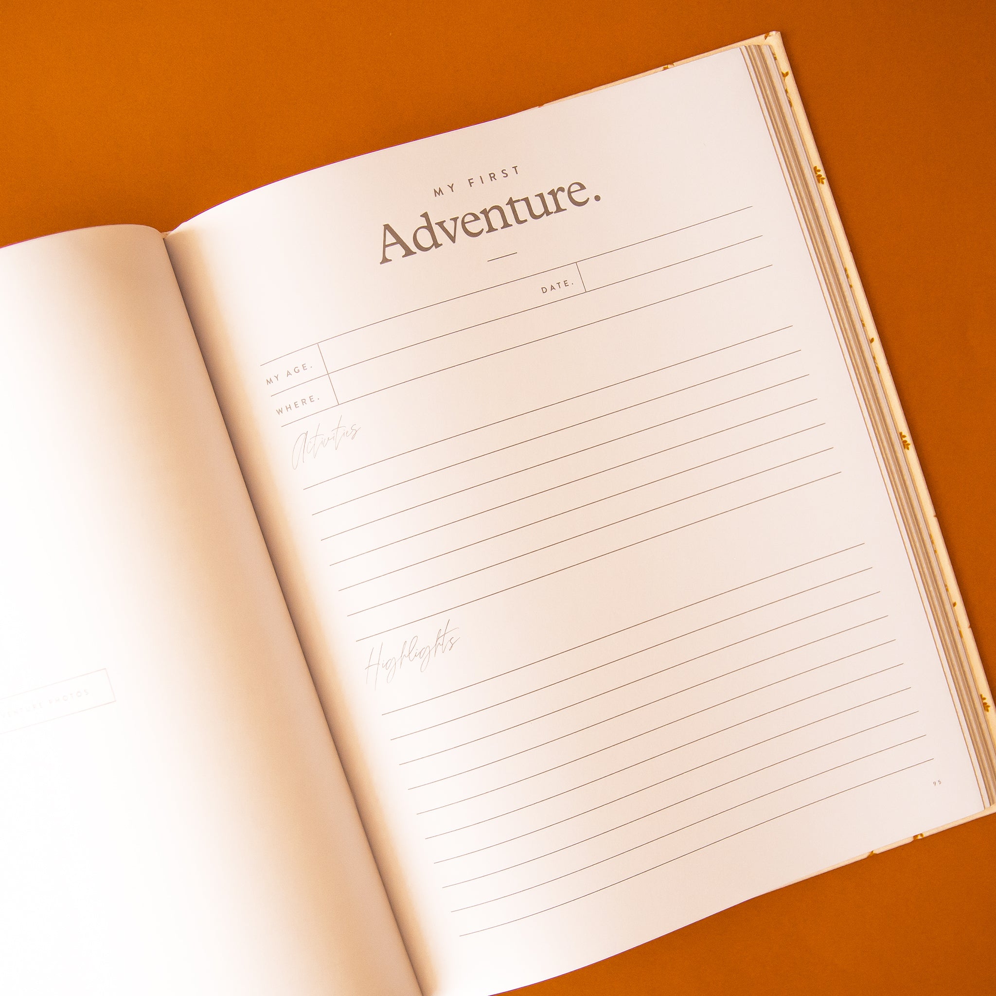 The inside of the book that has prompts for documenting your children's experiences and memories.