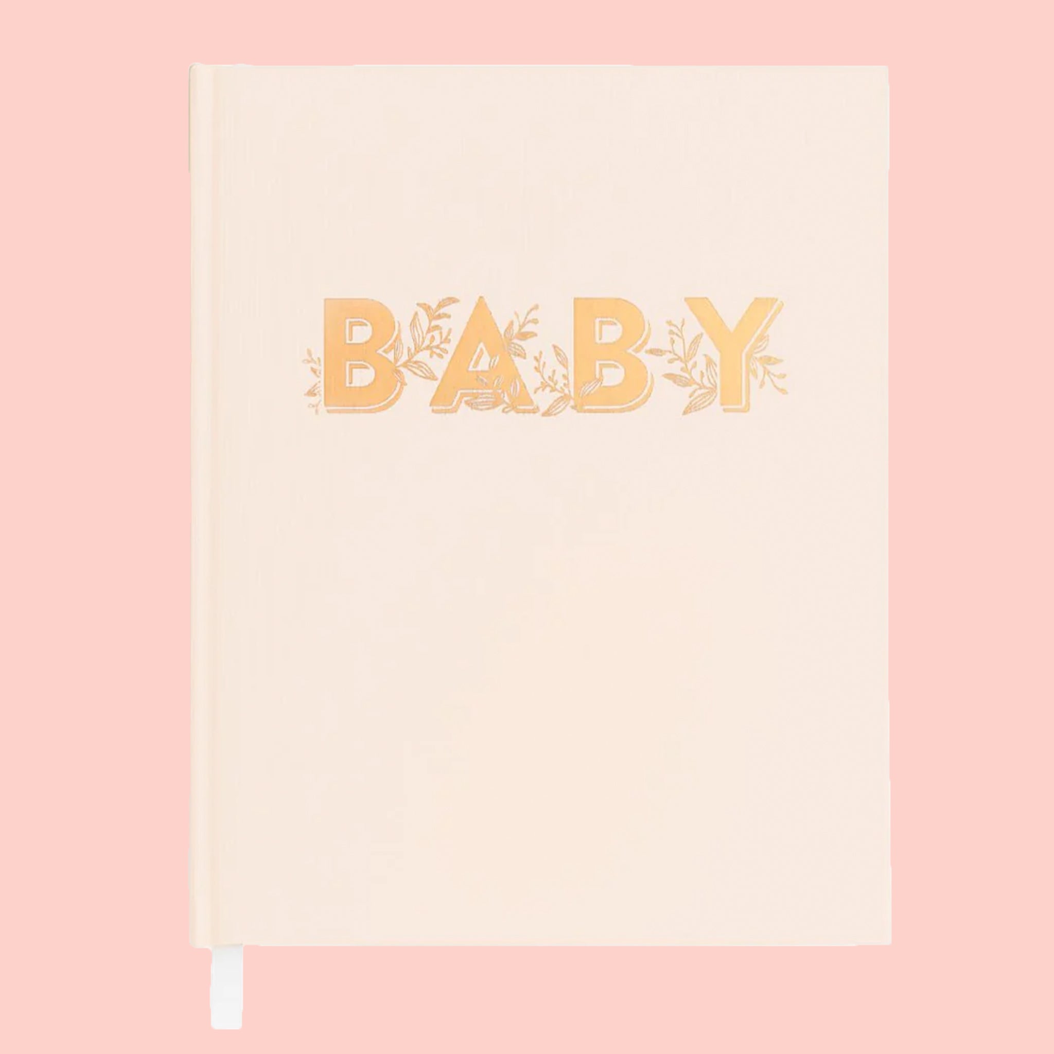A neutral book cover with gold foil text on the front that reads, "BABY".