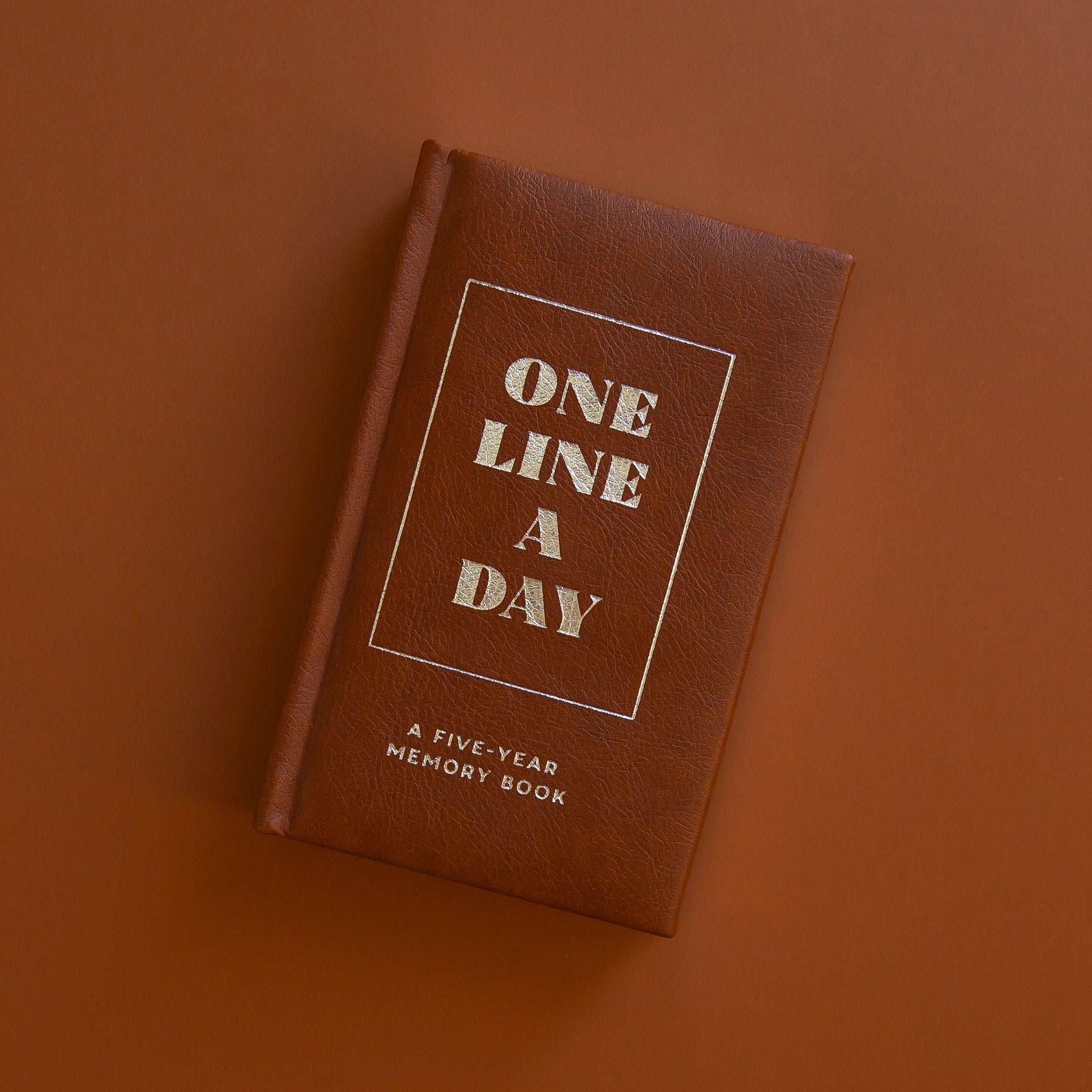 A brown vegan leather journal that says, &quot;One Line A Day&quot; on the front cover.