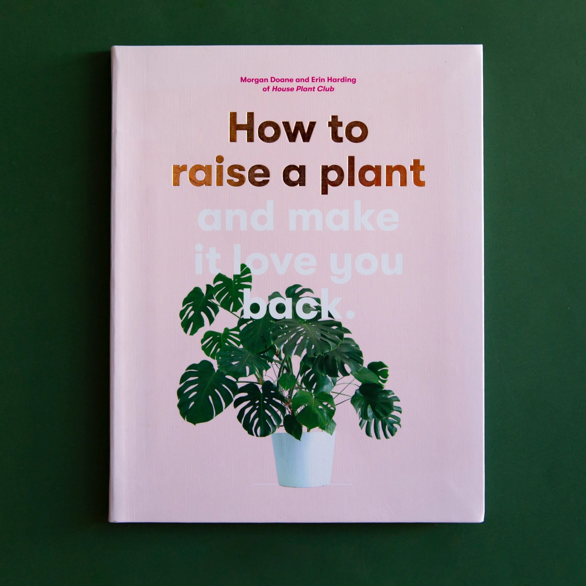 On a dark green background is a light pink book cover with a green monstera on the front along with the title that reads, &quot;How to raise a plant and make it love you back&quot;.