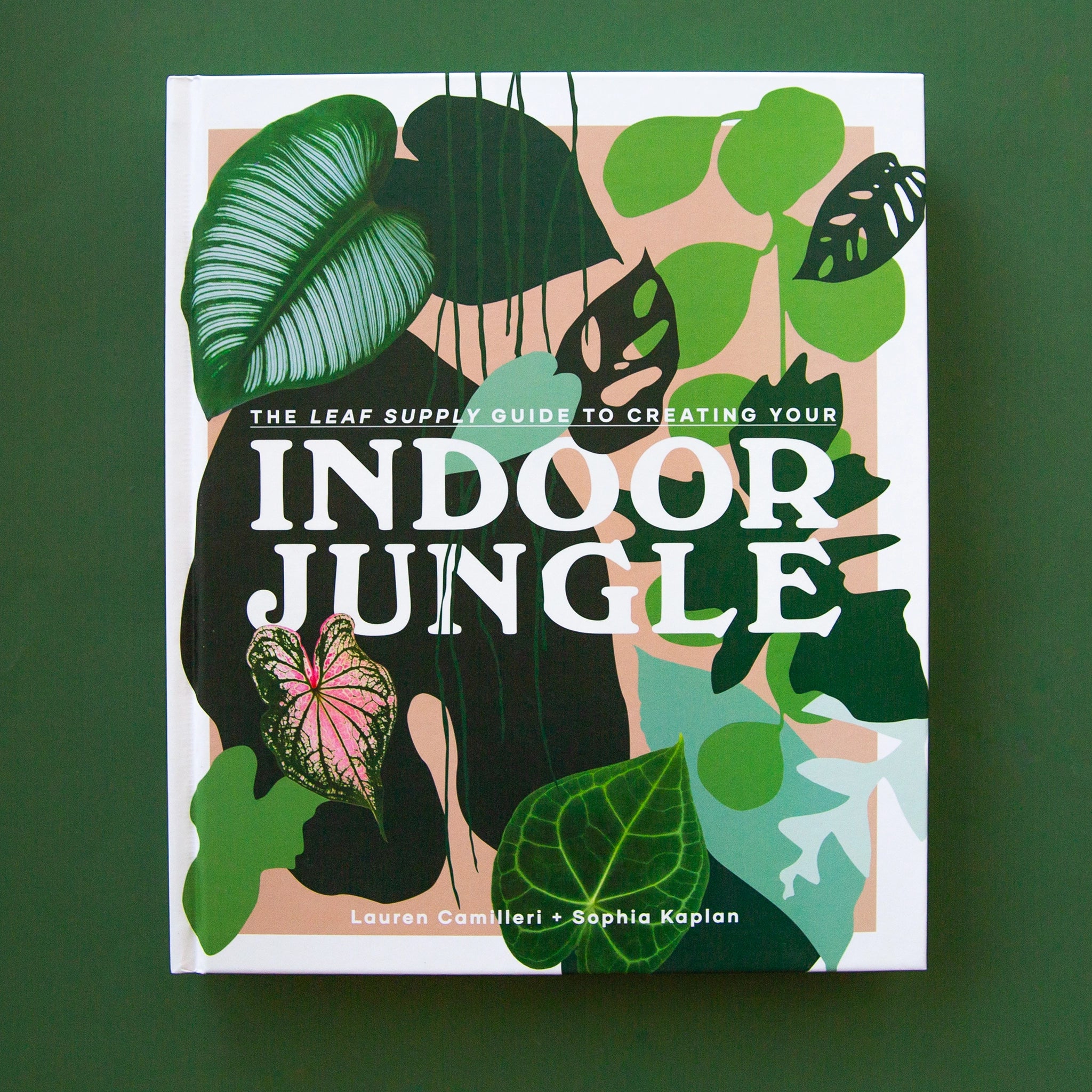 On a green background is a pink and green book cover with a white border and various illustrations of green house plant leaves as well as the title of the book that reads, "The Leaf Supply Guide To Creating Your Indoor Jungle" in white letters.