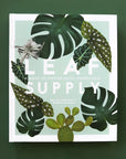 On a green background is a photograph of a mint green book cover with various house plant leaves on the front as well as white text that reads, "Lead Supply A Guide To Keeping Happy House Plants".