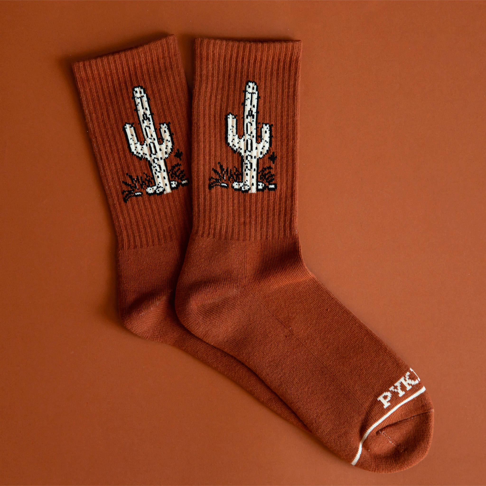 A burnt orange / brown socks with a cactus graphic with "Taco" written down the side of the cactus.