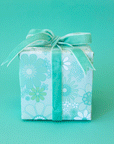 On a teal background is a gift box wrapped in a mint floral print wrapping paper with a velvet bow, not included with purchase.