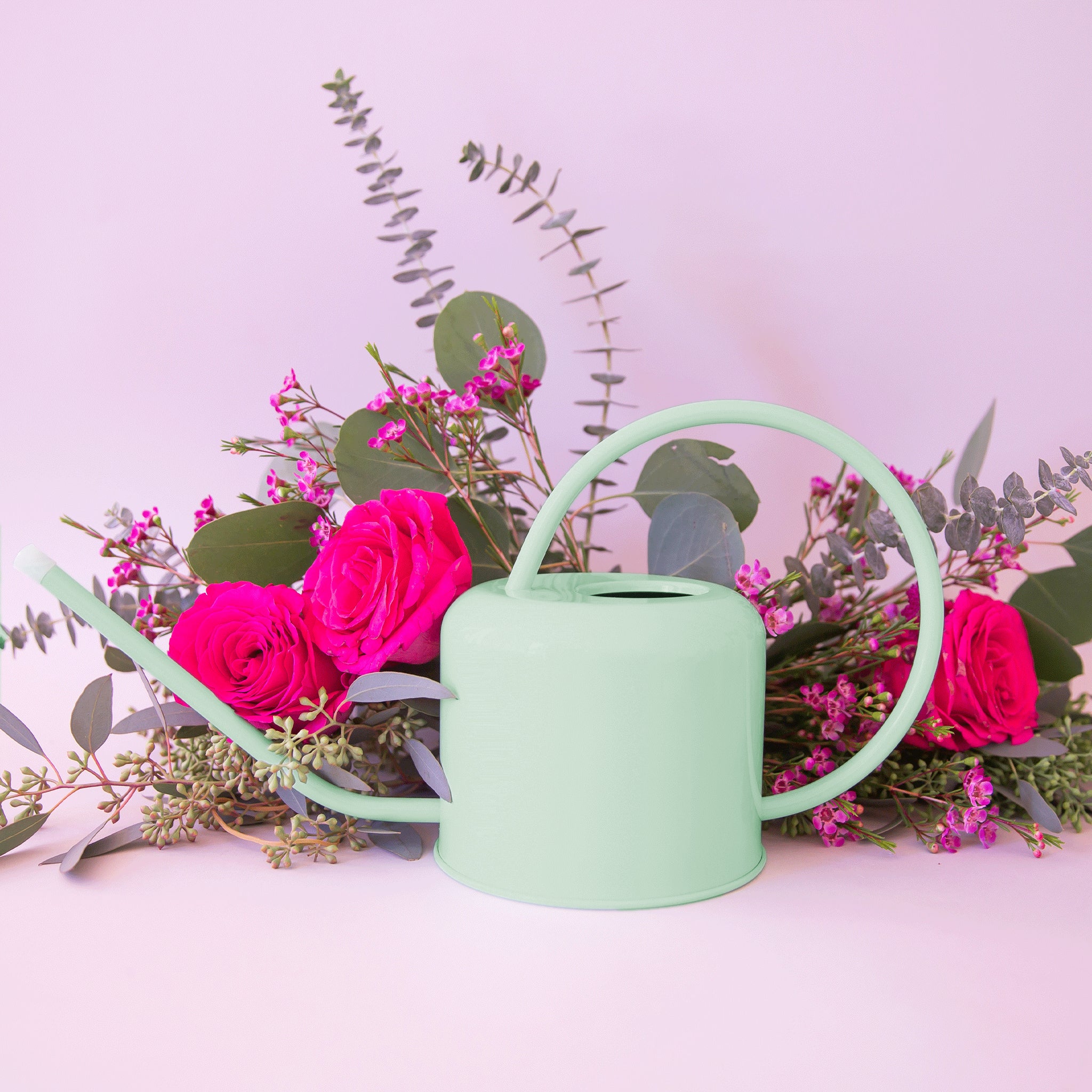 On a pink background is a light blue watering can with a long spout and a rounded handle.