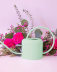 On a pink background is a light blue watering can with a long spout and a rounded handle.