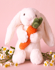 On pink background is a white stuffed toy bunny with long floppy ears and holding an orange stuffed toy carrot.