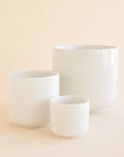 On a tan background is three different sized white ceramic planters with a glossy finish.