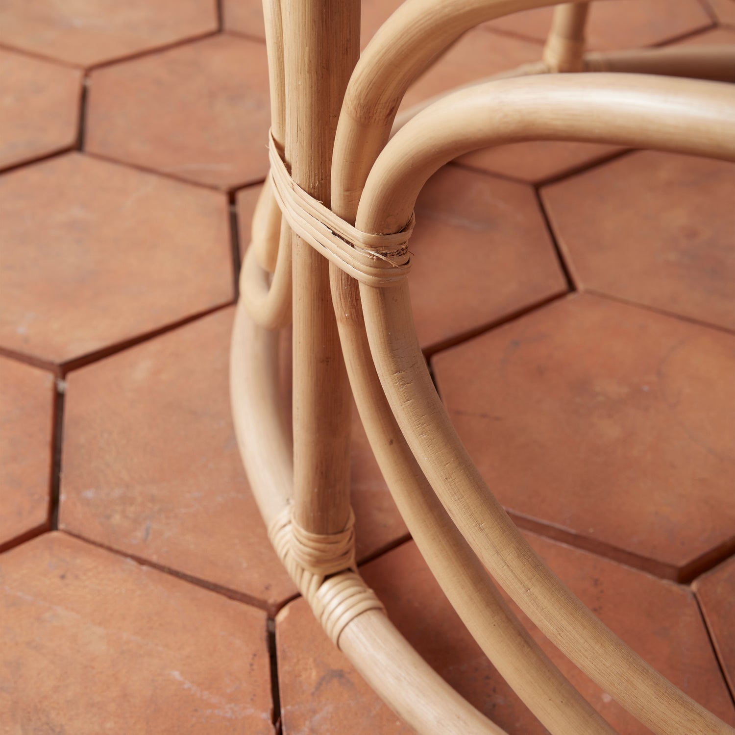 A closeup detail of the rattan coffee table. 