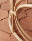 A closeup detail of the rattan coffee table.
