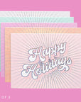 Set of five 'Happy Holidays' greeting cards with pastel designs on a pink background.