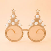 Round gold sparkle Christmas tree glasses. They have white pompoms and a star gem.