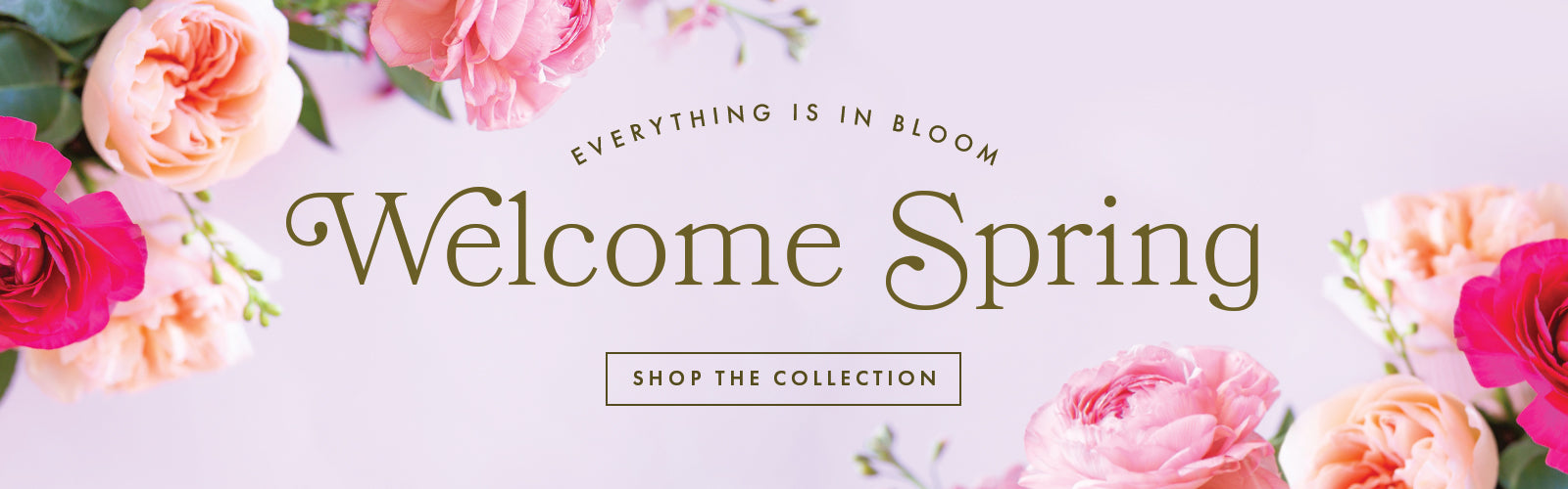 everything is in bloom. welcome spring. shop the collection. pink flowers lay on a lavender ground.