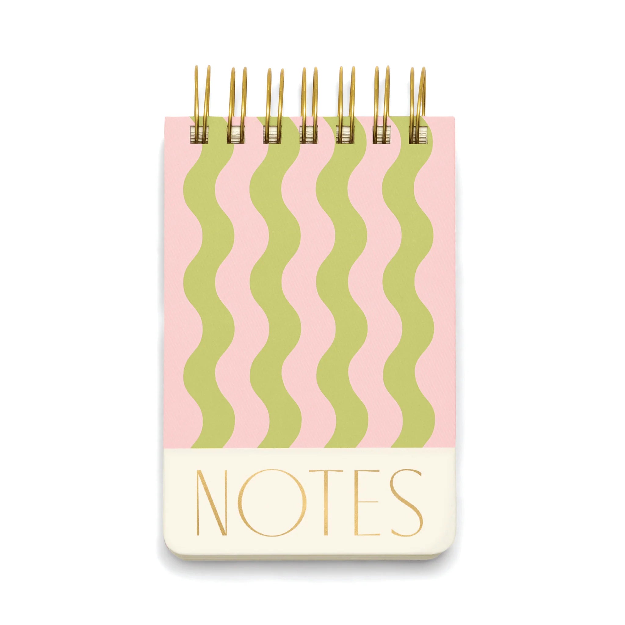 On a white background is a pink and green wavy line notebook with a gold spiral binding and text at the bottom that reads, "NOTES". 