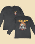 front and back view of a black long sleeve shirt that says "howdy" with a skull in a cowboy hat