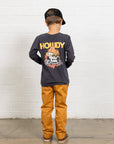 back view of a black long sleeve shirt that says "howdy" with a skull in a cowboy hat