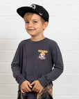 front view of a black long sleeve shirt that says "howdy" with a skull in a cowboy hat