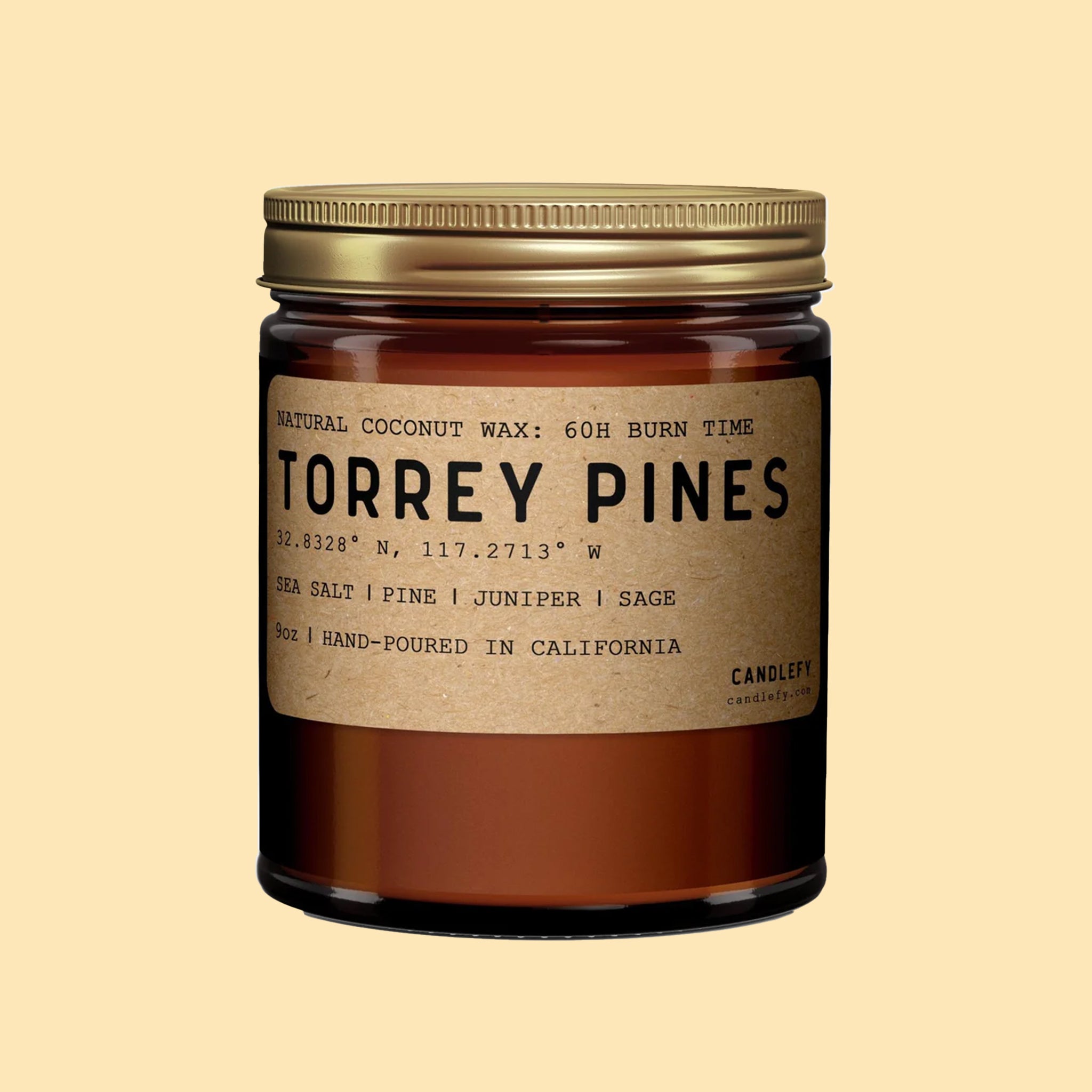 On a tan background is a brown glass jar candle with a neutral label that reads, "Torrey Pines".