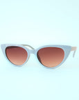 A light blue pair of cat-eye shaped sunglasses.