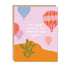 On a white background is a purple and orange card with air balloon graphics and white text in the center that reads, "I'm so glad we're on this Adventure together". 