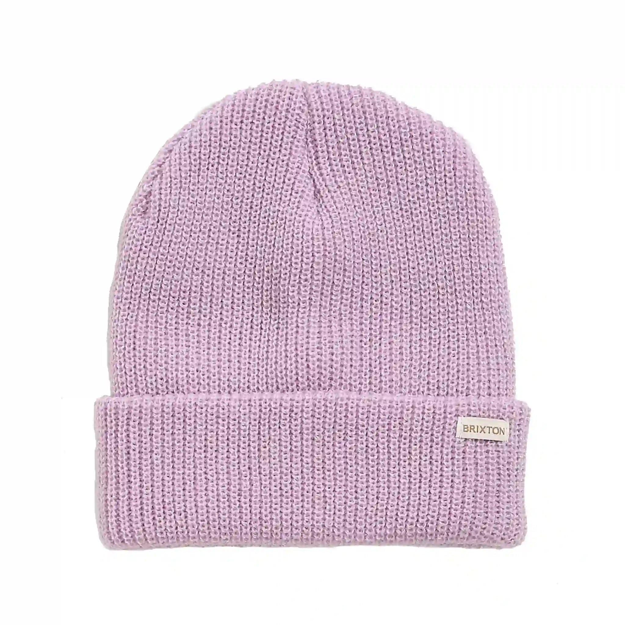 On a white background is a light purple knit beanie. 