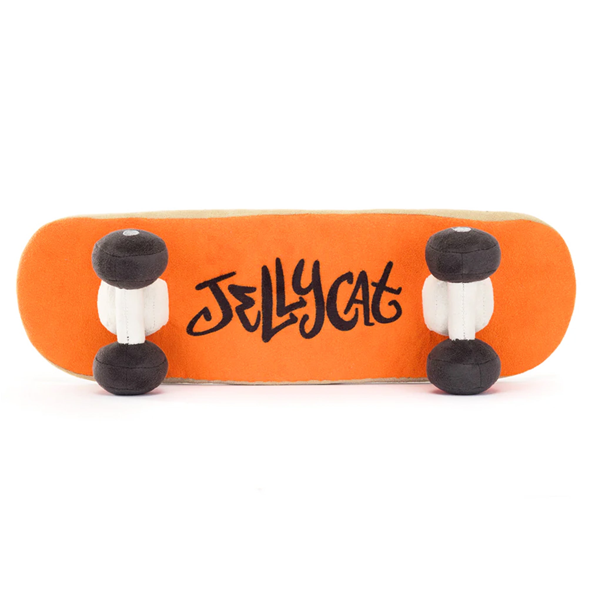 The backside of the skateboard shaped stuffed toy with an orange color and text that reads, &quot;Jellycat&quot;. 